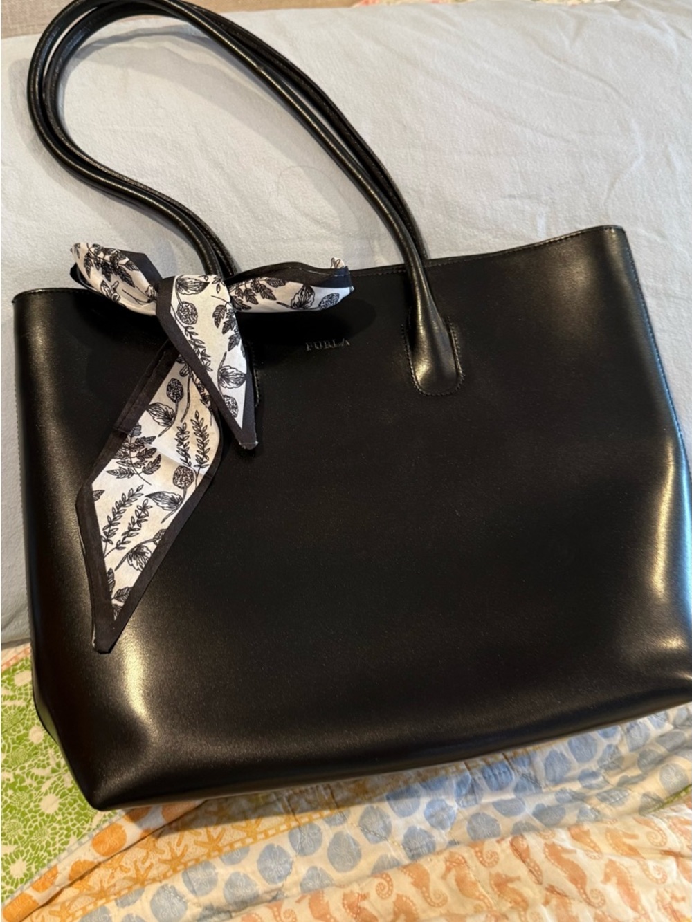 Furla Black Leather Tote with Monochrome Scarf Accent